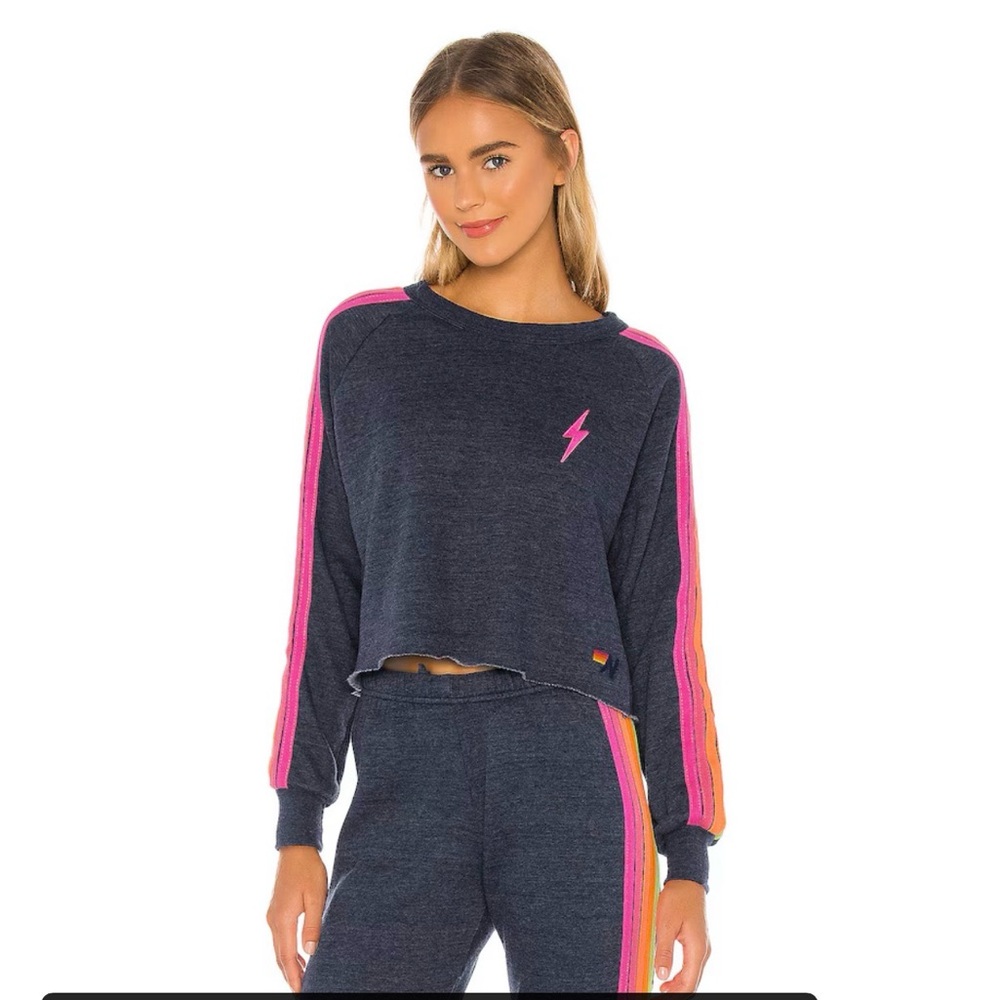 Aviator Nation- Cropped Sweatshirt and sweat pant set- Pink and Orange Stripes